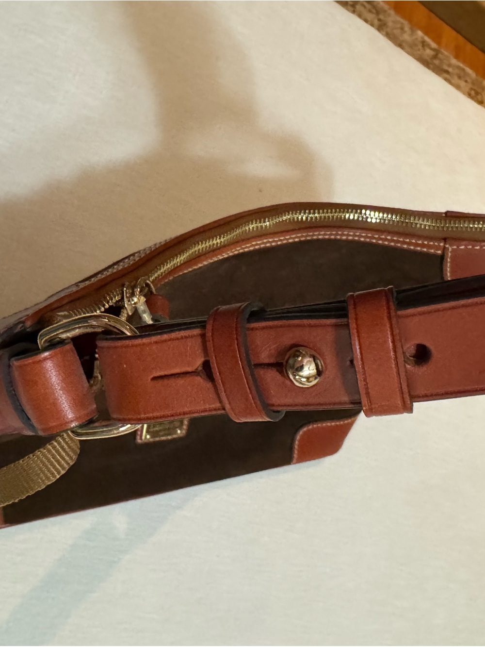 Dooney & Bourke Dark Brown Suede Shoulder Bag with Tan Leather Trim - Picture 5 of 10